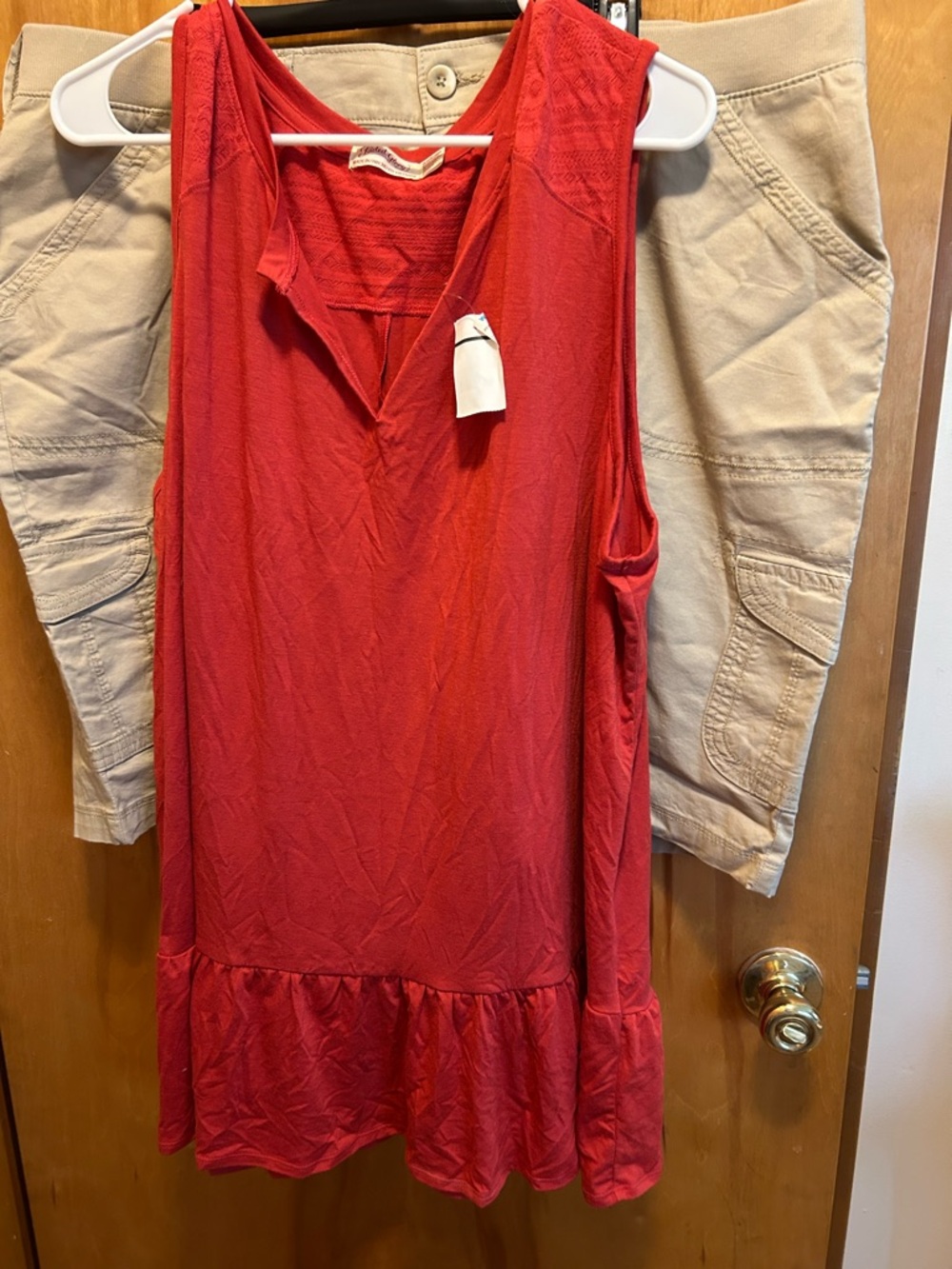Faded Glory Red Sleeveless Ruffle-Hem tunic with cream color Bermuda shorts